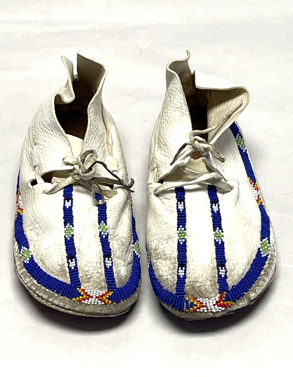 Antique Native American Style Beaded Hide Moccasins White Blue Hard Sole Pair